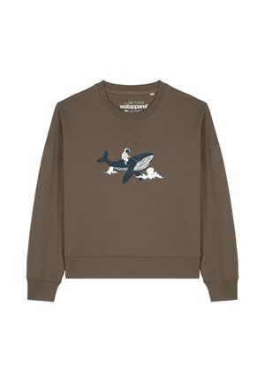 Brauner Sweatshirt mit Rundhalsausschnitt und langen Ärmeln. In der Mitte befindet sich ein Grafikdesign, das einen Wal und einen Astronauten auf Wolken zeigt. Weiche Textur.