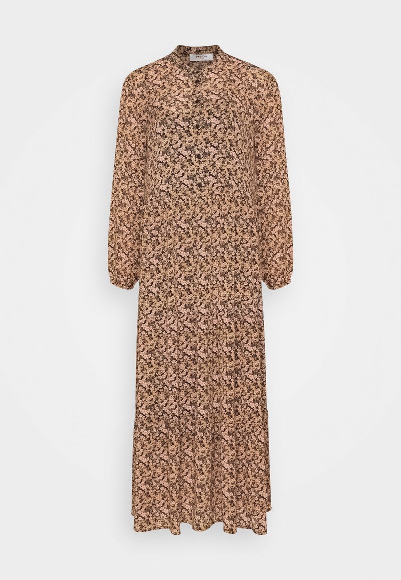 Robe midi marron à manches longues avec motif floral, col montant et patte de boutonnage devant, confectionnée dans un tissu léger.