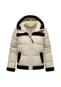 Creme pufferjack met zwart fleece aan de capuchon, manchet, zakken, borst en zoom, voorzien van een rits aan de voorkant en een Ragwear merklabel aan de binnenkant.