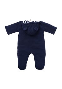 Marineblaues Babystrampler mit Kapuze und kleinen Ohren, gestreifter Futterung, langen Ärmeln und Füßchen-Design. Weicher Stoff und einfache Konstruktion.