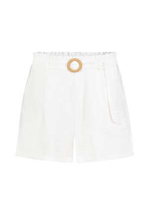 White high-waist shorts with elastic waistband and fabric belt featuring a round woven buckle.