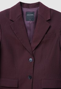 Blazer bordeaux a righe sottili con colletto a punte, chiusura a un pulsante e taschino singolo sul petto. Interno foderato con etichetta del marchio visibile.