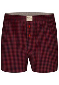 Boxers en coton à carreaux rouges et marine avec un waistband élastique, deux boutons rouges et une doublure intérieure grise. Étiquette de marque à la taille.