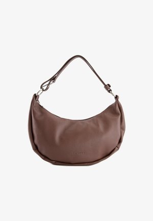 Brown crescent-shaped leather handbag with a single adjustable shoulder strap and subtle grain texture.