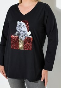 Ulla Popken KATZE, PAILLETTEN, A-LINIE, V-AUSSCHNITT, LANGARM - Langarmshirt - black