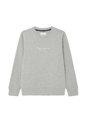 Sweat-shirt gris clair à manches longues et col rond avec "Pepe Jeans London" brodé en blanc, centré sur la poitrine.