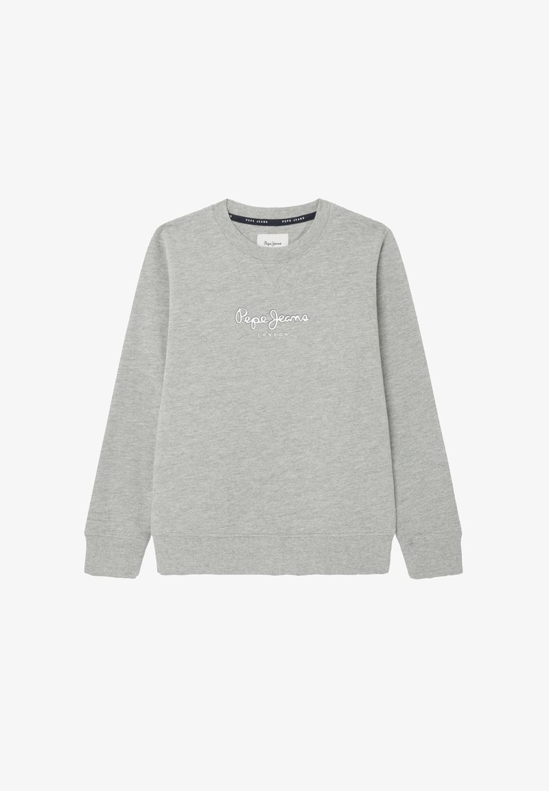 Sweat-shirt gris clair à manches longues et col rond avec "Pepe Jeans London" brodé en blanc, centré sur la poitrine.
