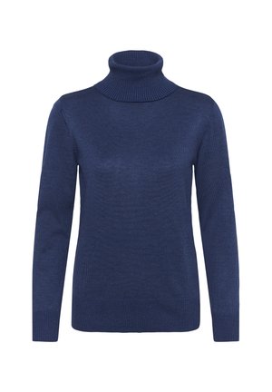 Pullover a dolcevita blu navy con maniche lunghe, in tessuto a maglia testurizzata, con accenti a coste sul colletto e ai polsini. Finitura liscia nel complesso.