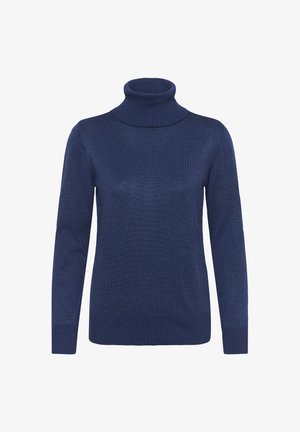 Pullover a dolcevita blu navy con maniche lunghe, in tessuto a maglia testurizzata, con accenti a coste sul colletto e ai polsini. Finitura liscia nel complesso.