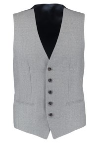 Gilet grigio in misto lana con scollo a V, cinque bottoni scuri, due tasche laterali e un rivestimento nero liscio. Vestibilità regolare e design sartoriale.