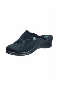 Black slip-on clogs with a soft textured fabric upper featuring floral embroidery. Slightly elevated wedge sole for added comfort and support.