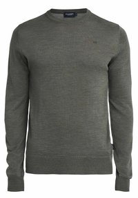Maglione verde a maniche lunghe in maglia con collo rotondo, realizzato in tessuto morbido. Presenta polsini e orlo a costine, con un marchio sottile sul petto.
