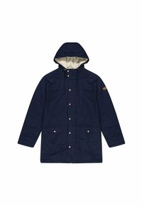 Parka de color azul marino, hecha de una mezcla de algodón, con un forro de felpa texturizada, capucha con cordón ajustable y dos bolsillos frontales con cierres a presión.