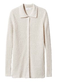 Cardigan de couleur crème avec un tissage texturé, doté d'un col évasé, de manches longues et de six boutons à l'avant. Tissu doux en maille.