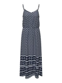 Mornarsko modra maksi obleka z belimi diagonalnimi črtami in vzorčastim dnom. Ima tanke nastavljive naramnice in prilegajoč pas.