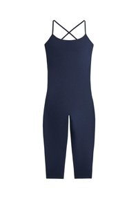 Combinaison une pièce bleu marine avec fines bretelles croisées et jambes raccourcies, conçue pour les vêtements de sport féminins.