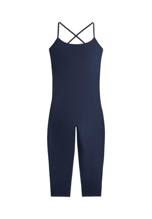 Tamnoplavi jednodijelni kombinezon s tankim ukriženim naramenicama i skraćenim nogavicama, dizajniran za žensku sportsku odjeću.