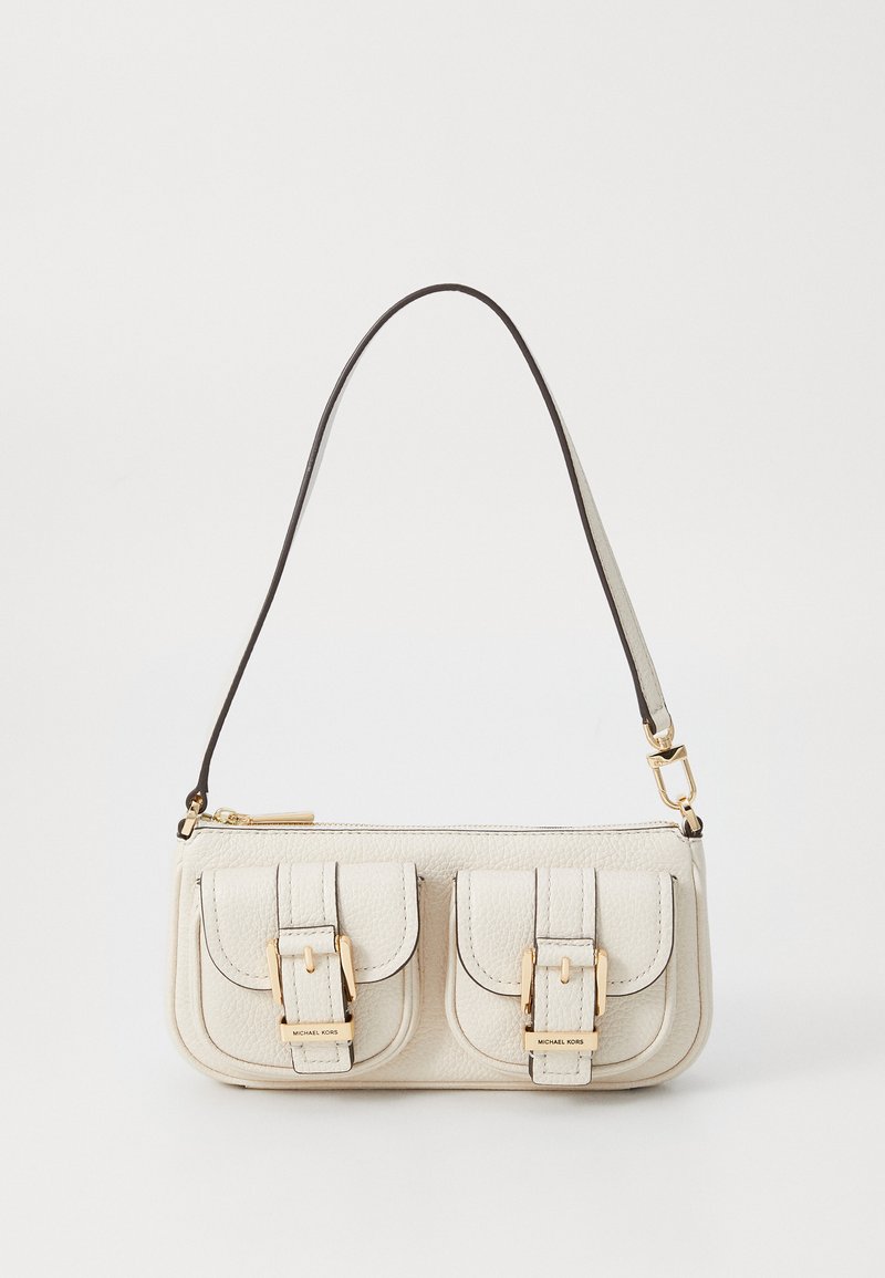 White textured leather handbag with two front pockets, gold hardware, and a detachable brown shoulder strap. Zippered top closure.