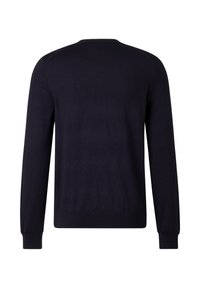 Granatowy sweter z dzianiny z okrągłym dekoltem, długimi rękawami, prążkowanymi mankietami i gładką fakturą z tyłu. Bez wzorów i ozdób.