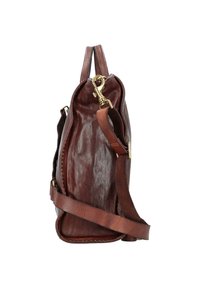 Borsa in pelle marrone con finitura liscia, dotata di una cerniera laterale, tracolla regolabile e dettagli in ottone.