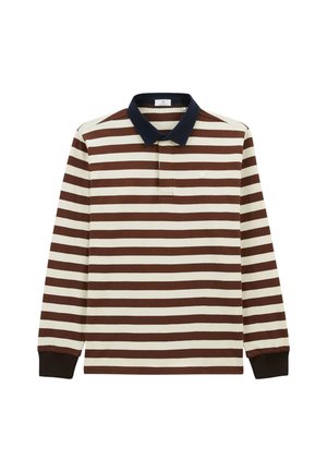 Polo à manches longues avec des rayures horizontales marron et crème, col et poignets bleu marine. En coton avec des détails de boutons.