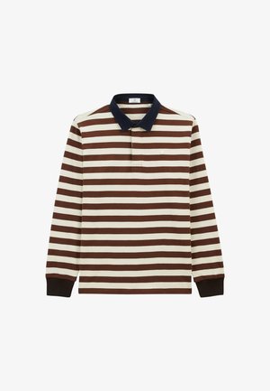 Polo à manches longues avec des rayures horizontales marron et crème, col et poignets bleu marine. En coton avec des détails de boutons.