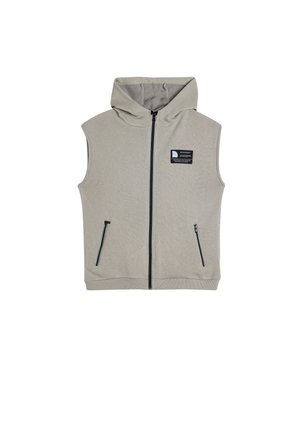 Gilet senza maniche con cappuccio in tessuto grigio chiaro, con zip frontale, due tasche laterali con zip e una patch logo sul petto.