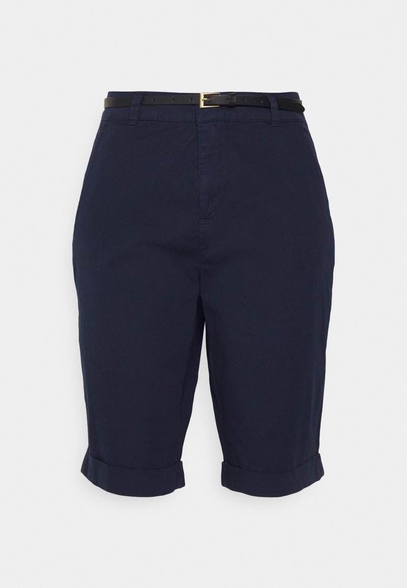 Námořnické modré bavlněné šortky s ohrnutým lemem, doplněné černým pásem se zlatou sponou a předními kapsami. Čistý, upravený design.