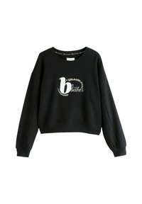 Schwarzer Sweatshirt mit strukturiertem Design, lockerer Passform und überschnittenen Schultern. Mit einem weißen grafischen Logo in der Mitte.