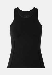 Débardeur sportif noir sans manches avec encolure ronde et coutures latérales discrètes sur un fond clair uni.