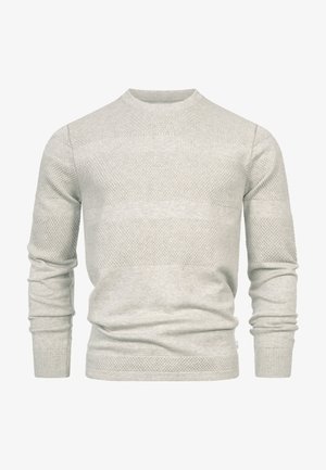 Vaaleanharmaa neulepusero, jossa on teksturoidut raidat, resorit hihansuissa ja pyöreä pääntie. Valmistettu pehmeästä neulemateriaalista mukavuutta varten.