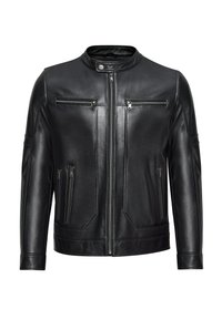 Zwarte leren jas met een staand kraag, ritssluitingen aan de voorkant, twee borstzakken met rits en zijzakken, met een gladde textuur en een getailleerde pasvorm.