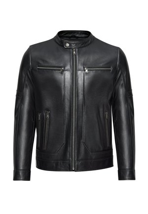 Zwarte leren jas met een staand kraag, ritssluitingen aan de voorkant, twee borstzakken met rits en zijzakken, met een gladde textuur en een getailleerde pasvorm.