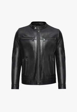Veste en cuir noir avec col montant, fermetures à glissière sur le devant, deux poches zippées sur la poitrine et poches latérales, au toucher lisse et à la coupe ajustée.