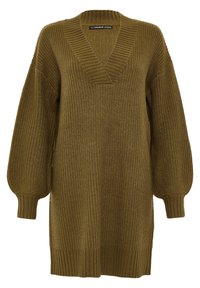 Olivgrüner, oversized gestrickter Pullover mit V-Ausschnitt, gerippter Textur und voluminösen Ärmeln. Mit dicken, gerippten Bündchen und Saum.