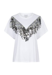 Witte katoenen t-shirt met een zilveren paillettenfranje ontwerp op de halslijn, met korte mouwen en een relaxed fit.