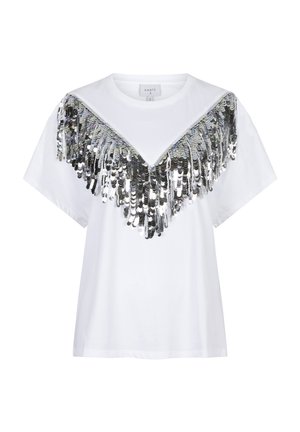 Weißes Baumwoll-T-Shirt mit einem silbernen Pailletten-Fransen-Design am Ausschnitt, kurzen Ärmeln und einem lockeren Schnitt.