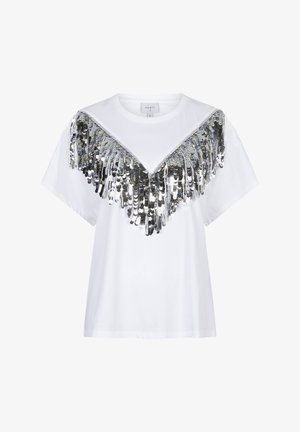 Weißes Baumwoll-T-Shirt mit einem silbernen Pailletten-Fransen-Design am Ausschnitt, kurzen Ärmeln und einem lockeren Schnitt.
