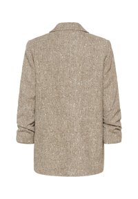 Blazer v vzorju houndstooth v svetlo rjavi barvi, izdelan iz teksturirane tkanine. Ima zarezani ovratnik in zvite rokave, kar zagotavlja sproščen silhueto.