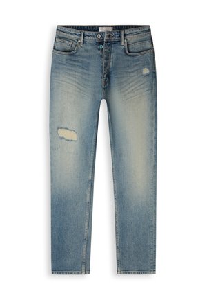 Lichtblauwe denimjeans met een rechte pasvorm, met vervaagde delen en twee versleten plekken aan de voorkant. Klassiek ontwerp met vijf zakken.