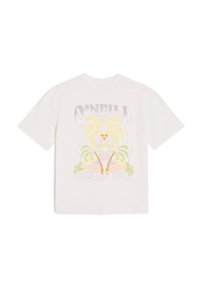 Valkoinen lyhythihainen T-paita, jossa on värikäs palmupuu grafiikka ja teksti "O'Neill Surf Co." pastelliväreissä. Puuvillamateriaali, rento muotoilu.