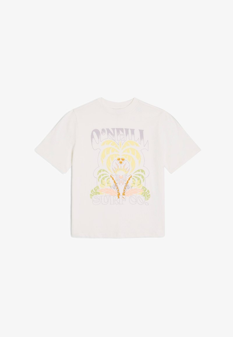 Balts īsām piedurknēm T-kreklis ar krāsainu palmu grafiku un uzrakstu "O'Neill Surf Co." pasteļtoņos. Kokvilnas materiāls, ikdienišķs dizains.