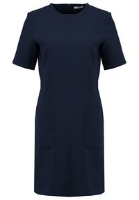 Robe bleu marine à manches courtes, longueur genoux, avec un col rond et deux poches plaquées à l'avant.