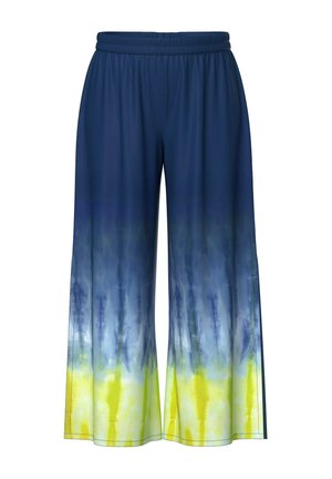 Wijde broek met een verloop tie-dye ontwerp van donkerblauw dat vervaagt naar geel. Gemaakt van lichtgewicht, gladde stof met een elastische tailleband.