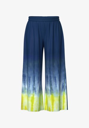 Pantaloni a gamba larga con design tie-dye sfumato dal blu scuro che sfuma nel giallo. Realizzati in tessuto leggero e liscio con una cintura elastica.