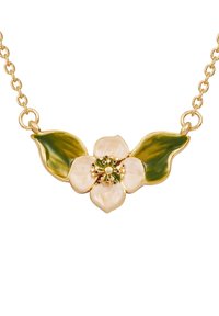 Gold-tone necklace featuring a flower pendant with white petals, green leaves, and decorative bead accents. Chain link design is delicate.