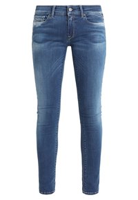 Jeans ajustados en denim azul medio, con una cintura de altura media, diseño de cinco bolsillos, un ligero desgastado y detalles de costura en las costuras.