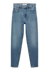 Jean en denim bleu taille haute, jambe droite, avec poches avant et arrière, passants de ceinture, fermeture à bouton et zip.
