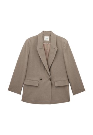 Taupefarbener, zweireihiger Blazer mit breiten Revers, zwei vorderen Klappentaschen und Knopfdetails, dargestellt auf weißem Hintergrund.