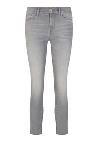 Szürke farmer skinny farmernadrág, kopott hatással, öt zsebbel, gombos és cipzáras záródással, valamint diszkrét varrási részletekkel.
